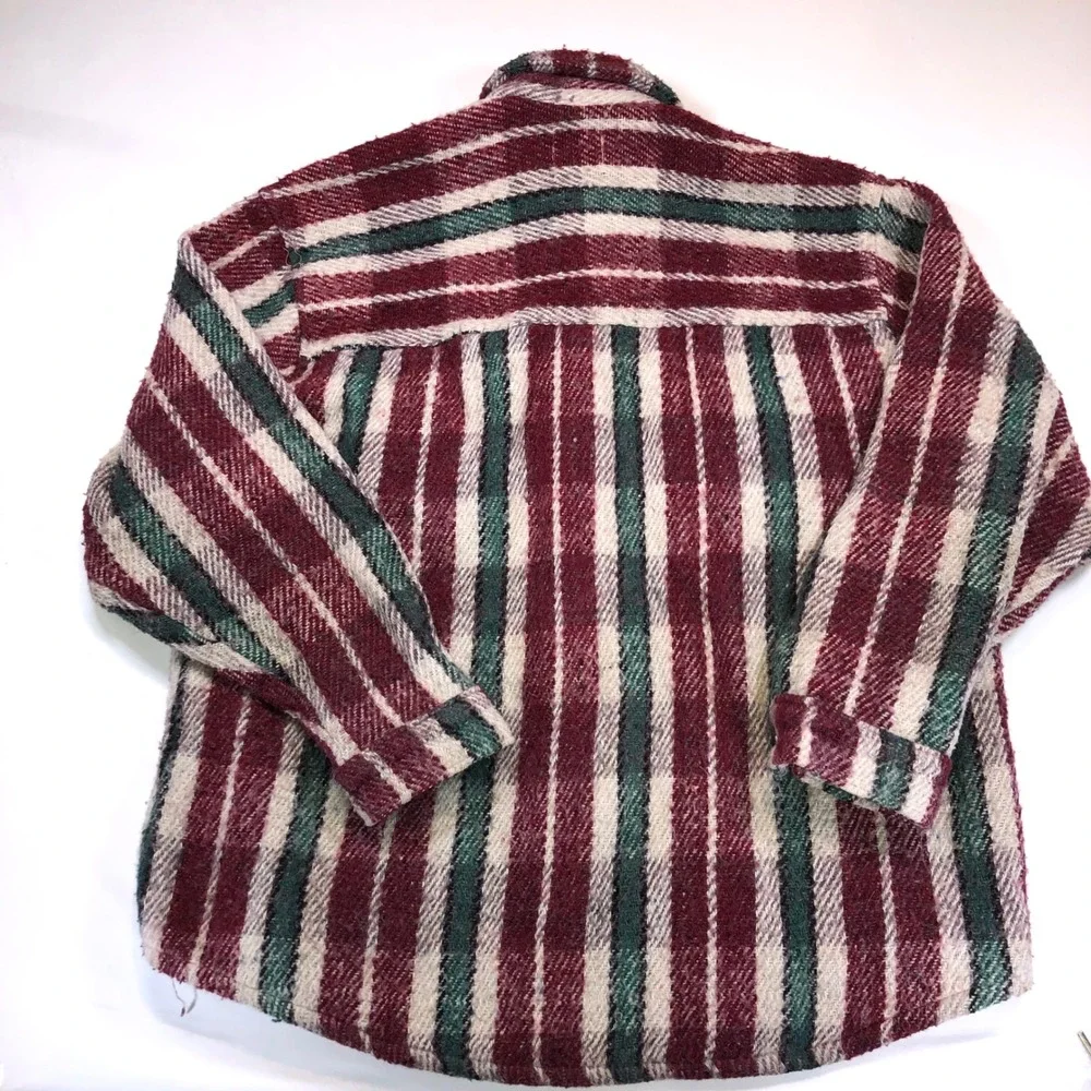 Vintage 100% Wool Striped Shirt Jacket Burgundy Green Woven Ecuador Mens XL